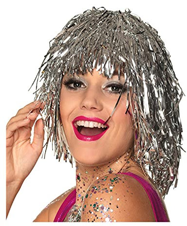 PAPSTAR NEU Perücke Damen Lametta Folie, Disco, Silber - Haarnetz