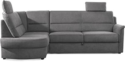 Cavadore Ecksofa Paris mit Federkern / Kleines L-Sofa mit Vorziehsitz, Bettkasten und Ottomane / inkl. 2 Kopfstützen / 243 x 112 x 155 / Grau