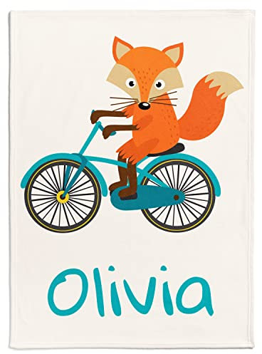 Personalisedog Personalisierte Babydecke mit Namen und Fuchs Fahrrad | Kinderdecke Fuchsmotiv auf dem eigenem Baby Decke ausgewählten Fahrzeug- Tiermotiv (Fahrrad)