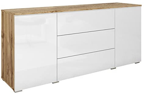 Mirjan24 Kommode Doppo 150 mit 3 Schubladen und 2 Türen, Griffloses Öffnungssystem, Anrichte, Sideboard, Highboard, Mehrzweckschrank (Wotan/Weiß Hochglanz, ohne Beleuchtung)
