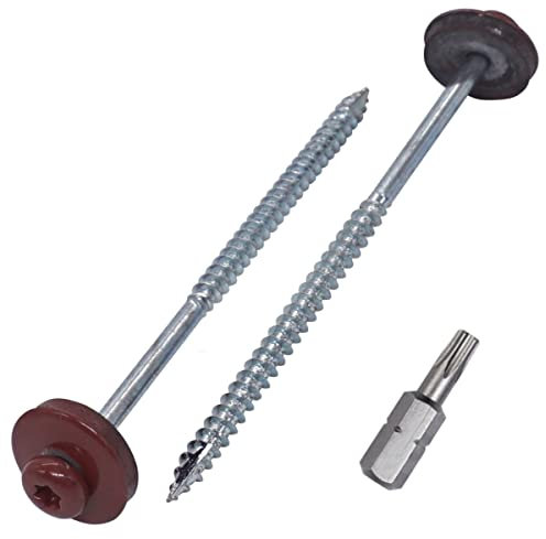 SKIR'CO Lot de 60 vis à bois peintes 5,0 x 100 mm avec rondelles EPDM, vis de toiture (rouge oxyde RAL 3009)