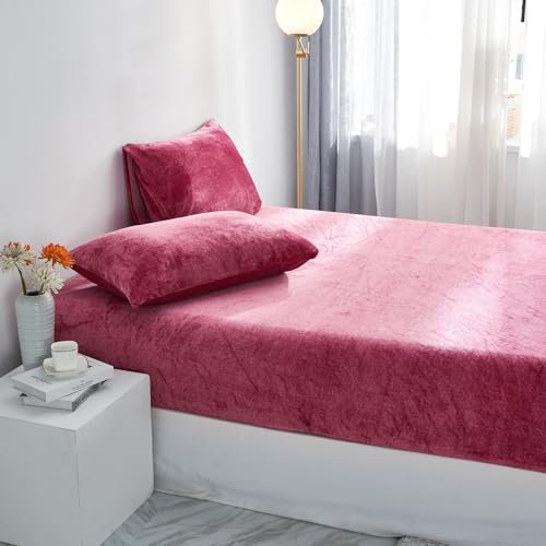 Luofanfei Spannbettlaken Winter 200x200 Warm Fleece Boxspringbett Flauschig Rot Rote Samt Plüsch Frottee Bettlaken Leintuch Kuschelige Weich Uni Muster Bettspanntuch für Hohe Matratze