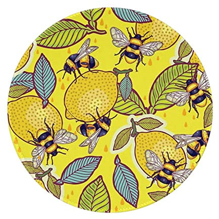 Tapis de souris rond jaune citron et abeille, tapis de souris imperméable avec base en caoutchouc antidérapant, tapis de souris d'ordinateur, 20 x 20 cm, pour ordinateur portable, PC, bureau, femme et