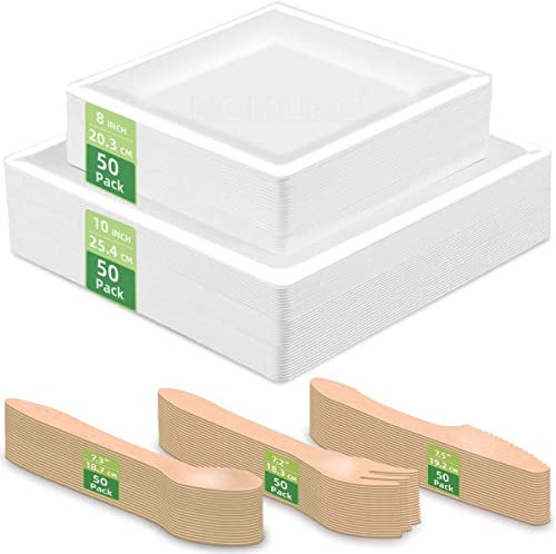HOMURG Square White Paper Plates and Wood Cutlery Set for 50 Guests, 8” Dessert Plates + 10” Dinner Plates + Wooden Forks, Knives, Spoons Bulk 250 PCS, Disposable Dish Serving Party Tableware Sets