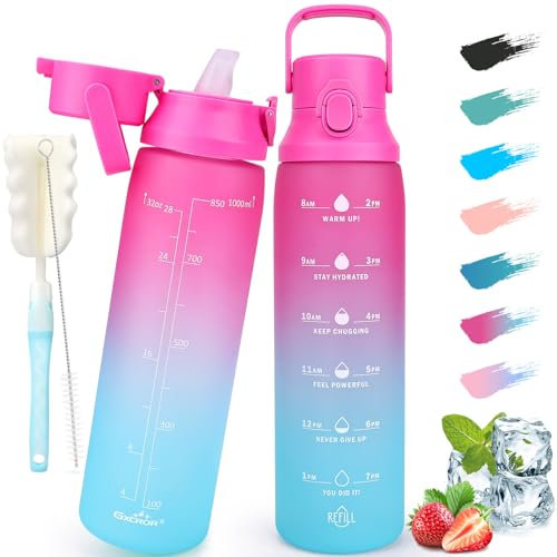 Gourde 1l avec paille, Bouteilles d'eau de sport étanches sans BPA avec marqueur de temps de motivation, gourde sport 1 litre pour la salle de sport, l'école, le bureau et l'extérieur (Rose dégradé)