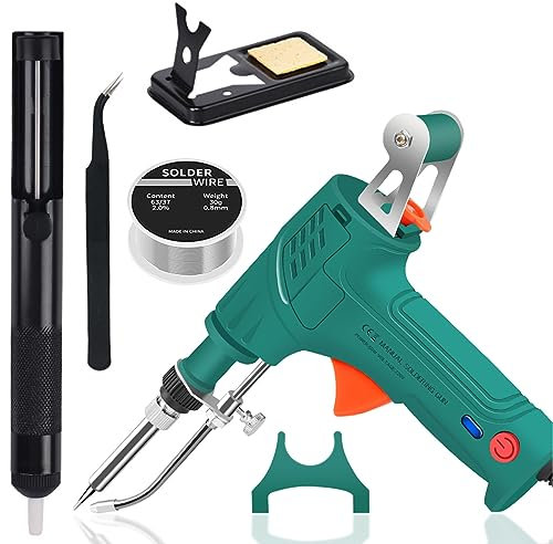 60W Elektronik Lötpistole Kit, Automatische Lötpistole mit Entlötpumpe, Pinzette, Lötdrähte, Halterung für Autoreparatur, Heimwerker (Grün-2)