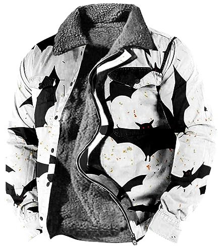 DHYUEN Halloween Herren Übergangsjacke Kängurutasche Regenjacke Herren 4XL Slim Fit Regenjacke Herren Faltbar Regenjacke Motorrad Herren Kapuzenpullover Leichte Regenjacke Mulit Taschen(2-White,M)