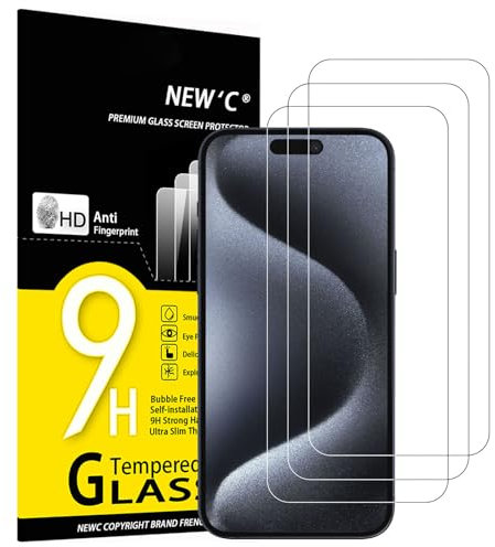 NEW'C 3 Piezas, Protector Pantalla para iPhone 16 Plus, iPhone 15 Pro Max, iPhone 15 Plus (6,7 Pulgadas), Cristal templado Antiarañazos, Dureza 9H, 0.33 mm Ultra Transparente, Ultra Resistente