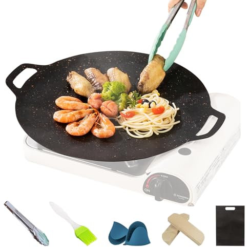 Korean BBQ Grill Pan, Cast Iron Griddle with Non-Stick Round Baking Surface, Multi-Function Skillet for Induction, Gas & Electric Cooktops, Grilling Tray (38cm)