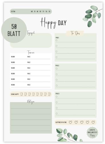 A5 Tagesplaner Block | Daily Planner | TO-DO-Liste | Zeitplan | Prios | Tages-Highligt | Organisation Aufgaben (DIN A5, Grün Eucalyptus)