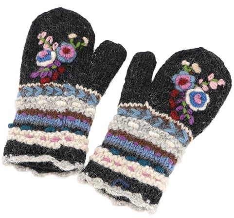 GURU SHOP Wollhandschuhe mit Blümchenstickerei, Boho Handschuhe, Fauster Nepal - Anthrazit, Herren/Damen, Wolle