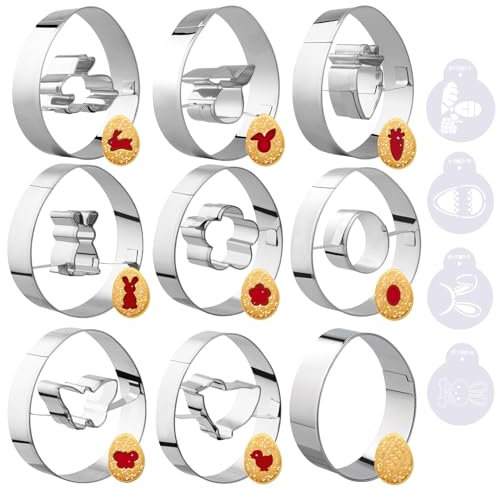 Simpeak Emporte Pièces Pâques Set, 9PCS Emporte-pièces en Acier Inoxydable et 4PCS Moules à Peinture, Biscuits de Pâques Emporte pièce Animaux, Lapins, œufs, Poussin, Tête de Lapin et Papillon