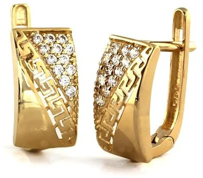 Sapphir 14 Karat 585 Gold Ohrringe Creolen - Gelbgold Ohrschmuck mit Zirkonia Steinen - Griechisch Style Damen-Ohrstecker - Brillantschliff - inkl Zwei Luxusgeschenke