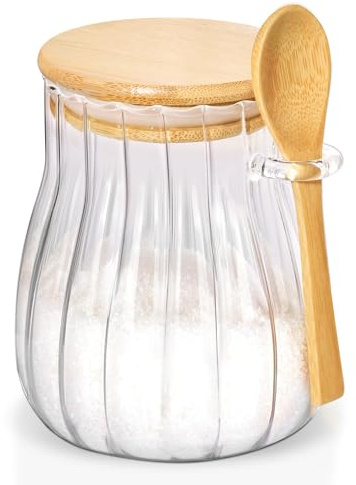 Quald Zuccheriera con coperchio e cucchiaio in bambù, barattolo di vetro da 600 ml, per caffè, bar, caffè, decorazione da cucina (grande)