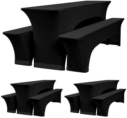 Teruntrue 3 Sätze Schwarz Biertischhussen,Elastische Bierbankhusse und Tischdecken,Bierzeltgarnituren 220 x 50 x 70 cm, 50 cm Tischbreite, für Bankett Gartenmöbel Abdeckungen.