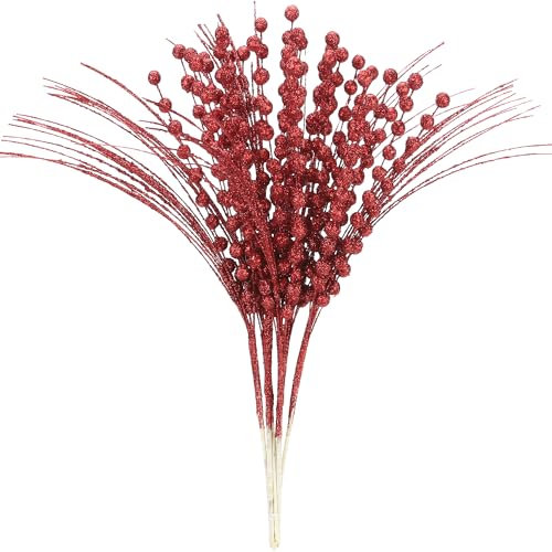 Sea Team 24-Pack Decorative Christmas Tree Branches, Fluffy Glittery Bead Twigs, Tree Toppers, Vase Fillers, Stems, Picks for Christmas Tree, Wreath, Garland, 16.5-Inch, Red