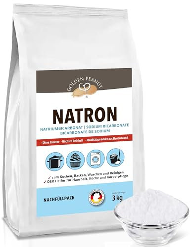 GOLDEN PEANUT Natron Pulver 3 kg Natriumhydrogencarbonat Backsoda Backpulver Wasch-Soda Lebensmittelqualität aus Deutschland Nachfüllpack