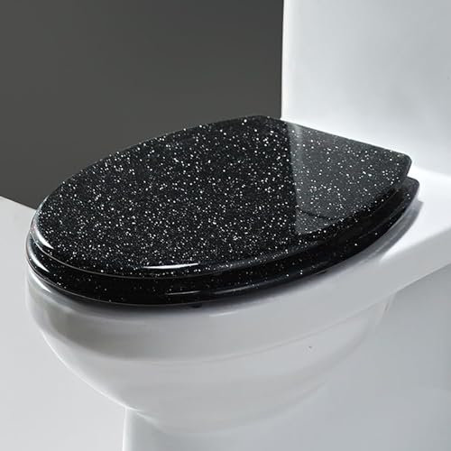 Giural Toilettendeckel Glitzer, Klodeckel Mit Absenkautomatik, Ovaler Glitzer-WC Sitz Mit Schnellverschluss, Toilettendeckel Mit Oberer Befestigung, Toilettensitz Aus Kunstharz, 36 X 42 Cm,Schwarz