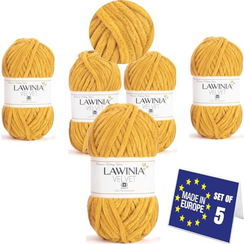 LAWINIA - VELVET Super Morbido Filo Lana Grossa, Ciniglia per Uncinetto NON SI SFALDA 5 X 100g - 65 m Wool Chunky Yarn, Filato Ciniglia, Gomitoli Ciniglia Grossa per Coperte, Filato Velluto per Borse