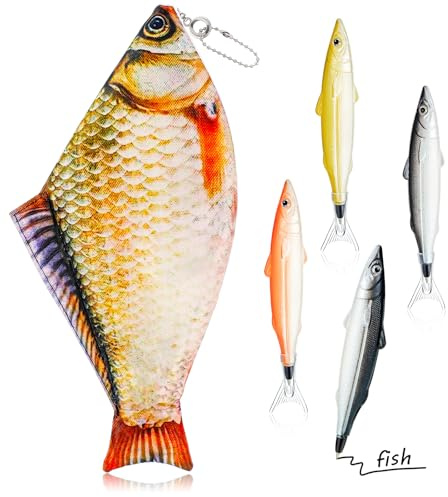 Sinmoe Fisch Federmäppchen Neuartige Federtasche Geldbörse Lustige Stifttasche mit Gepolstert Dick Schaumstoff Futter und 4 Süße Fisch Stifte Geschenke(Lebhaft,Gelb)
