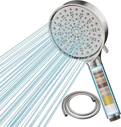 Cobbe Hard Water Filter Shower Head and Hose, Brushed Nickel | 20 Stage Filter, 6 Spray Jet Modes, High Pressure, Residual Chlorine Remove