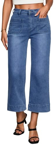 Vetinee Women's Wide Leg Jeans High Waisted Cropped Baggy Flared Stretchy Cotton Denim Trousers Button Closure Flat Front Loose Fit Solid White Regular Size