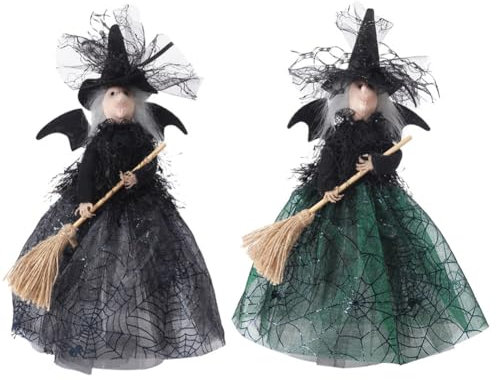 Asudaro Halloween Witch Doll 2 Pieces Horror Halloween Witch Doll with Broom Funny Witch Doll Toy Halloween Decoration Ornament for Halloween Party Home Bedroom Desk Decoration