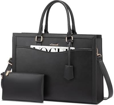 LOVEVOOK Laptop Bags for Women 15.6 Inch, Large Ladies Work Tote with Compartment, Shoulder Water Resistant Leather Handbags, Shopping Bag for Office Business Casual, Black