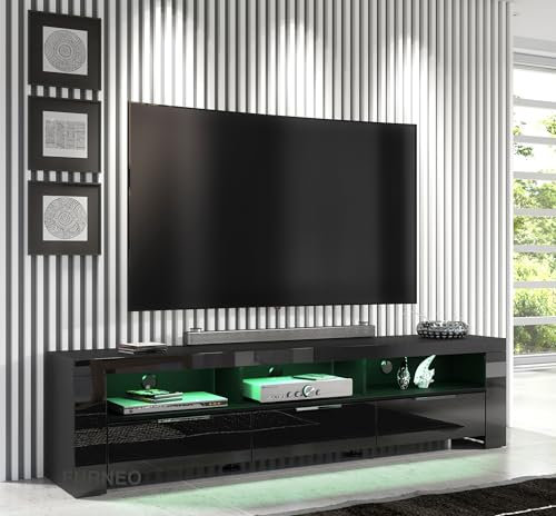 Furneo Phantom 10 – 200 cm Black TV Stand Cabinet in Matt and High Gloss Finish with RGB LED Lighting
