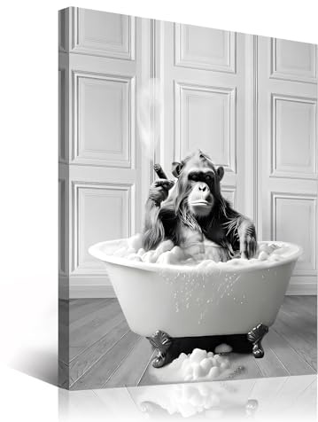 Gerahmte Badezimmer-Dekoration, Wandkunst, Schimpanse in der Badewanne mit Zigarre, lustiger Badezimmer-Wanddekoration, schwarz-weiße Wandkunst, niedliche Tierbilder für Badezimmerschilder, gerahmt,