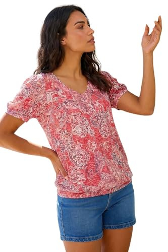 Roman Blouson Top for Women Ladies Bubble Hem Stretchy Jersey Puff Sleeve Summer Smart Casual Office Work Spring Everyday Evening Vacation Work Holiday V Neck