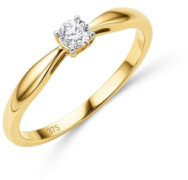 MIORE Schmuck Damen, Verlobungsring Damen, Ring Gold 375 9kt mit Diamant 0.15 Ct in Krappenfassung, Echt Gold Damenring, Goldring, Ring Damen, Damenschmuck Handgemacht