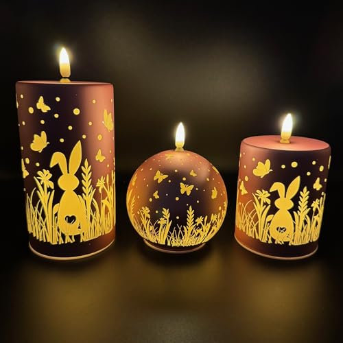 Online Fuchs 3 LED Kerzen aus Glas mit Blumen, Schmetterlingen, Hasen und 6-Stunden Timerfunktion - Deko für Oster, Frühling und Sommer (Rosé)