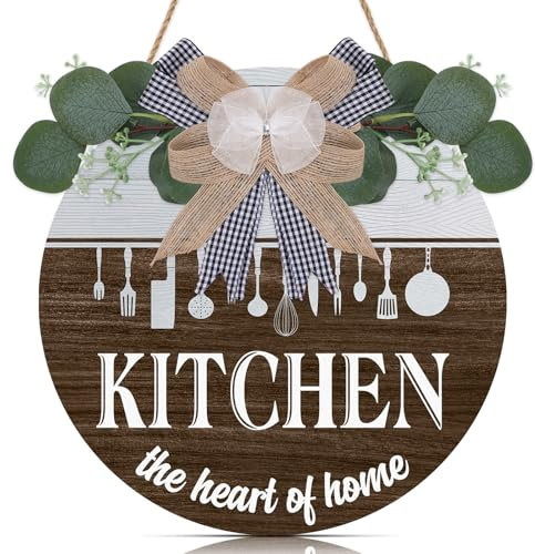 TOARTi Kitchen Wooden Hanging Signs Kitchen The Heart of Home Rustic Wood Sign Round Wood Hanging Decor with Ribbon Bow and Artificial Green Leaves Farmhouse Style Wall Art