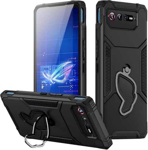 HARUINO Cover per Asus ROG Phone 6 Custodia ROG Phone 6 Pro Cellulare Protezione con Supporto Rotante a 360 Gradi, Militare Antiurto Bumper TPU Silicone Fotocamera Protettiva Case, Nero