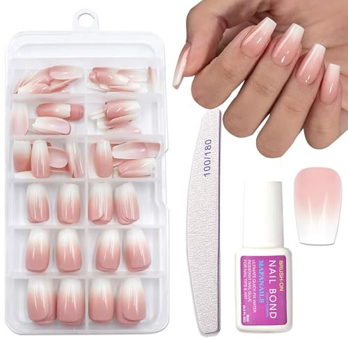 Ombre Press on Nails Set - 120pcs Coffin False Nails Short - Fake nails with Glue - Elegant Stick on Nails - 15-Size Ombre nail Tips Long Lasting for Women Girls DIY French Manicure