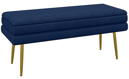 HOMCOM Sitzbank, Polsterbank mit Stauraum, Samtoptik, Bettbank mit Stahlbeine, Schuhbank, Aufbewahrungsbank für Wohnzimmer, Schlafzimmer, Blau, 100 x 37,5 x 42 cm