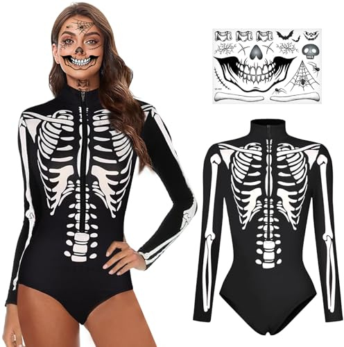 Randomgo Combinaison Squelette pour Femme, Deguisement Halloween Squelette Femme, Costume Tete dia de los Muertos, pour Costume Halloween Carnaval Dress Up Party Rôle Jouer (2XL)