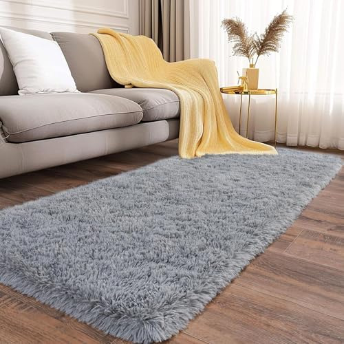 LIJIAO Teppich Kurzflor 50 x 200 cm Anti-Rutsch Unterseite, Super Soft, Felloptik Shaggy Hochflor Teppich Läufer Flur für Schlafzimmer Büro Bereich Dekor, Hellgrau