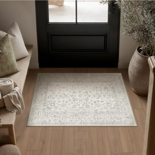 PureCozy Vintage FußMatte Teppich 60x90cm Klein Grau Küche Teppiche | Weicher Kurzflor, Rutschfest, Pflegeleicht, Eingang, Küche,Schlafzimmer,Bettvorleger,Kinderzimmer ,Büro