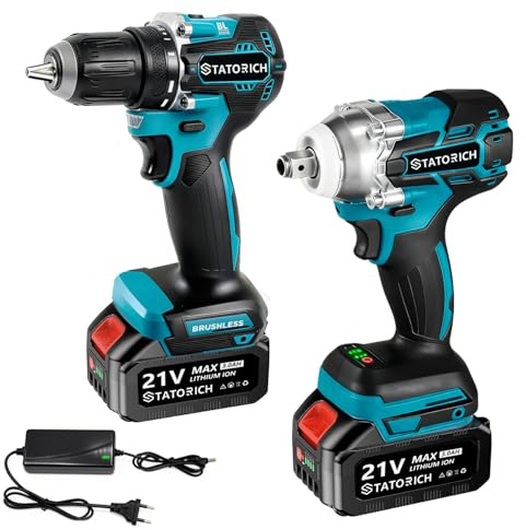 21V Max Akku-Bohrschrauber und Schlagschrauber, Kombi-Set inklusive 1/2-Bohrschrauber und 1/2-Schlagschrauber, 2 x 3000mAh Akku, Schnellladegerät