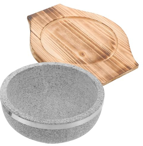 Yardwe Set 1 Bol à Soupe Coréen en Pierre 800ml avec Plateau en Bois Naturel 18cm sans Revêtement Résistant Haute Température Cuisine Bibimbap Maison
