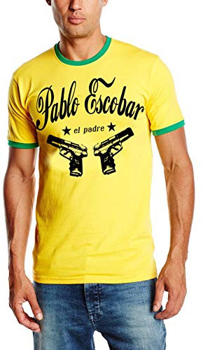 Coole Fun T-Shirts Pablo Escobar EL Padre Ringer t-Shirt Kokain, gelb/grün, Grösse: S