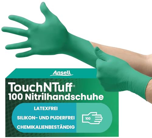 Ansell TouchNTuff 92-605 Nitril Einweghandschuhe Puderfrei, Professionelle Schutzhandschuhe für Chemie und Mechanik, Lebensmittel Einmalhandschuhe, Latexfrei, Grün, Größe L (100 Handschuhe)