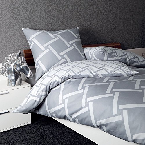 Janine Bettwäsche J.D. 8480 08 Silber Weiß Grau Streifen Strichmuster Wendeoptik Mako Satin, Größe:240 cm x 220 cm