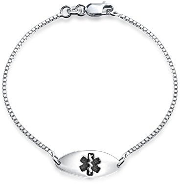 Bling Jewelry Delicada Delicada Forma Ovalada Identificación Médico Grabable Alerta Médico Id Pulsera Para Mujeres Plata De Ley