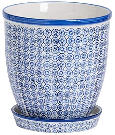 Nicola Spring Handgedruckter Pflanzentopf Mit Untertasse - 22cm - Marine