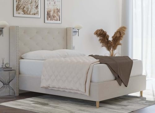 DecoInParis Lit Double en Tissu capitonné Margot (Beige, 180_x_200_cm)