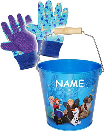 Set Metalleimer Deko Eimer & Gartenhandschuhe - Frozen - die Eiskönigin - incl. Name - Stoffhandschuhe/Arbeitshandschuhe - großer Metall Sandeimer/K..