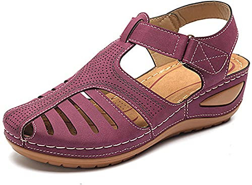 HHZY Sandales Femme Été Confortable Talon Compensées Nu-Pieds Mode Chaussure Orthopédique Bout Fermé Plateforme Cuir PU Grande Taille Chaussures de Plage,Violet,38